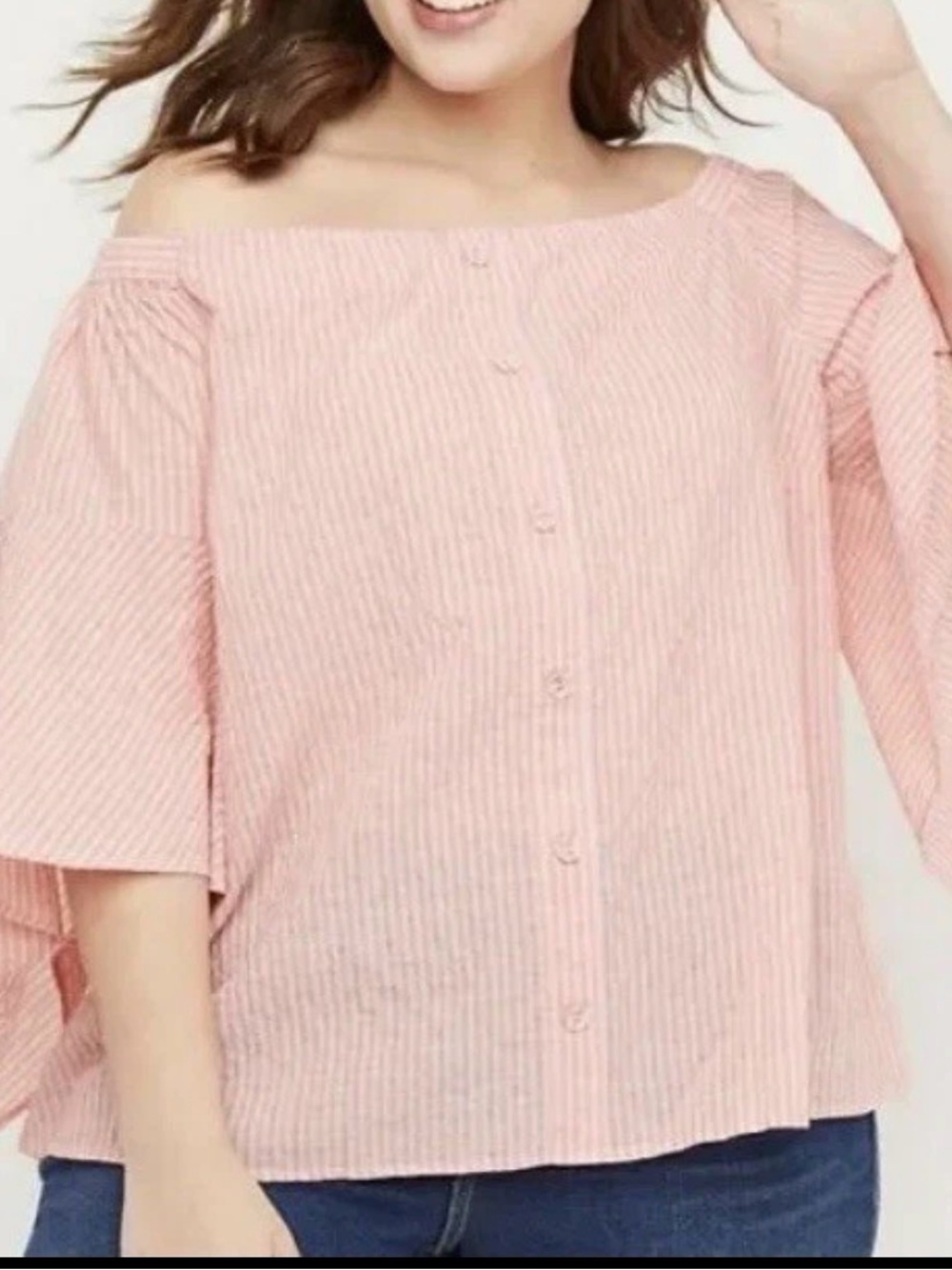 Lane Bryant Pink Striped Off-Shoulder Button Front Top